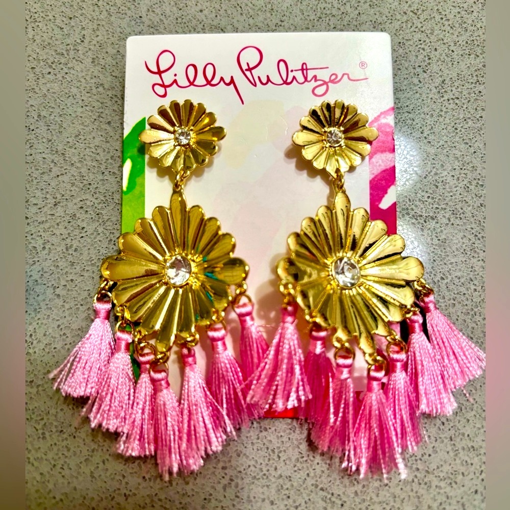 New Lilly Pulitzer Gold Floral Earrings with Pink Tassels